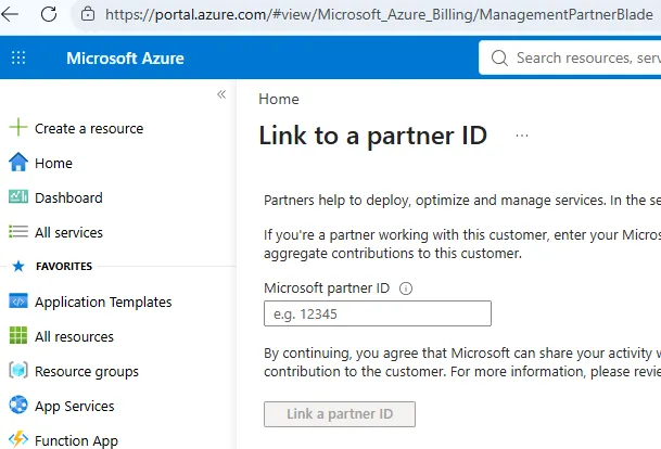 The Azure portal "Link to a partner ID" blade, showing the Microsoft partner ID field and the Link a partner ID button.
